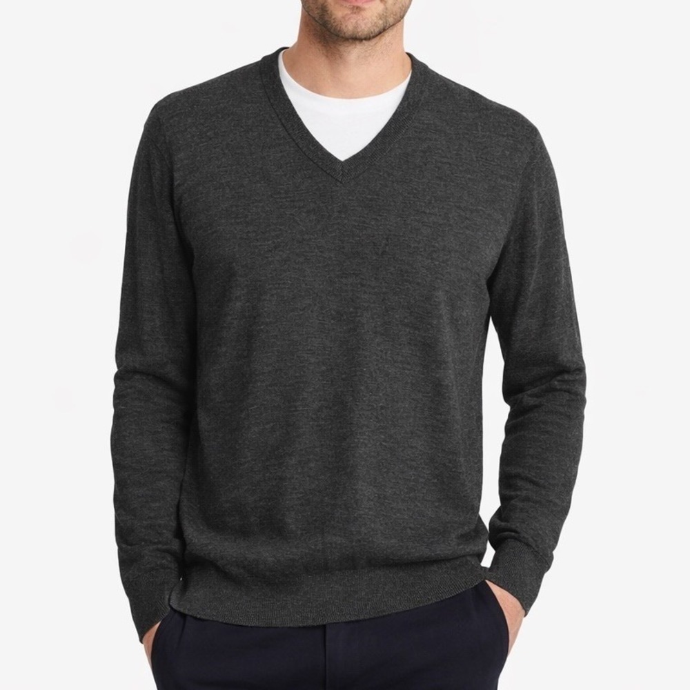 John Lewis Mens 100% Merino Wool Sweater Size XL‎ Charcoal V-Neck Office Classic